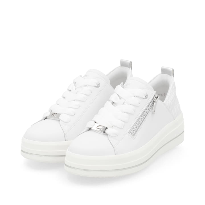 Weiße remonte Damen Sneaker Low D1C08-80 mit Reißverschluss sowie Komfortweite G. Schuhpaar seitlich schräg.