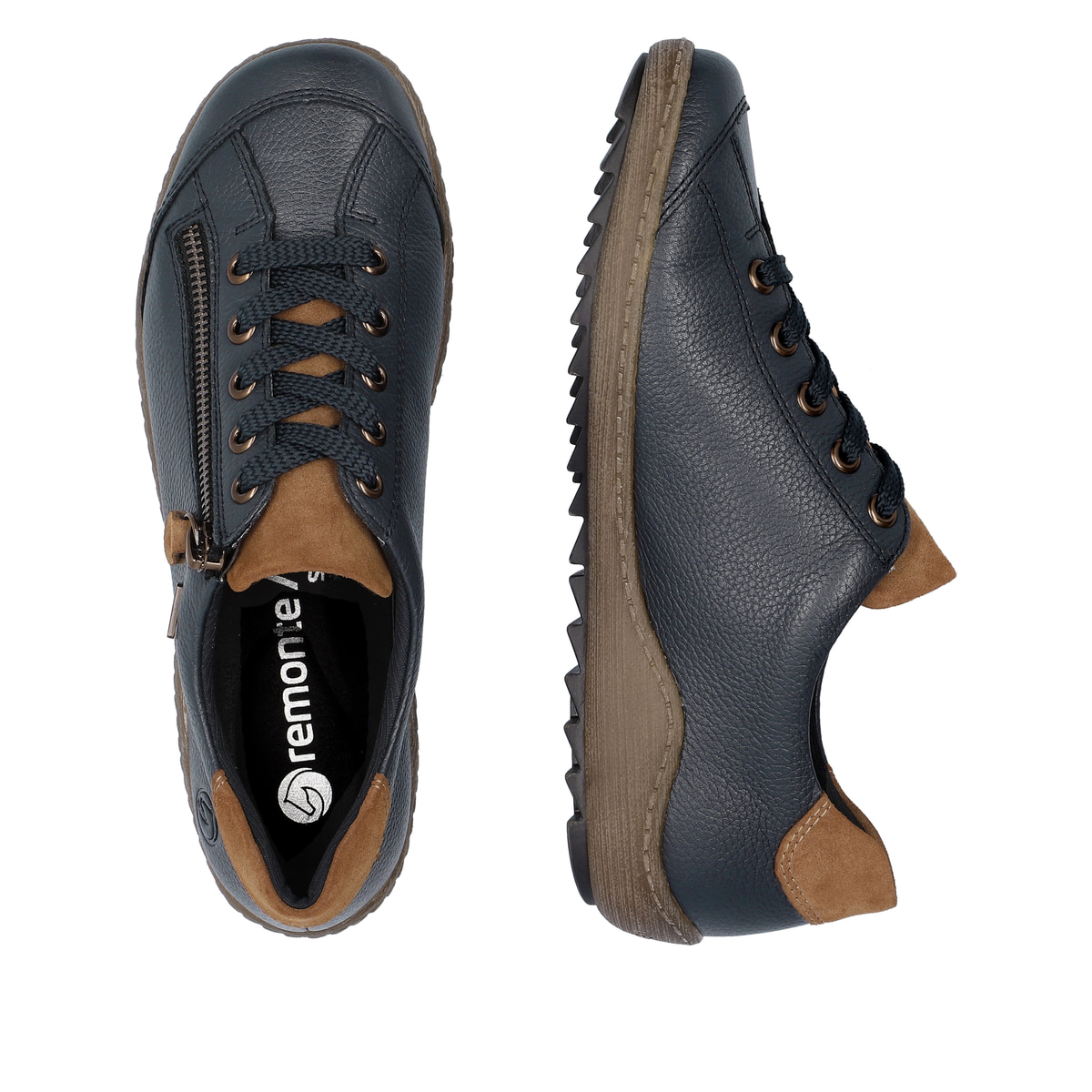 Dunkelblau-braune remonte Damen Schnürschuhe R1402-16. Schuh von oben, liegend.