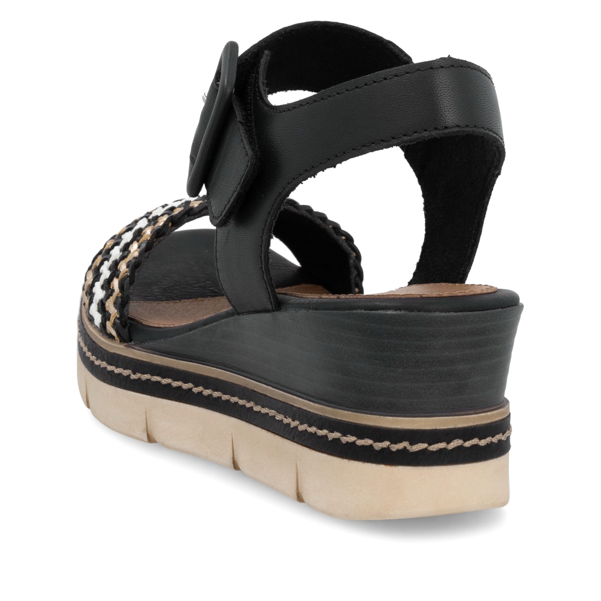 Schwarze remonte Keilsandaletten D2L55-03 mit einem Klettverschluss. Schuh von hinten.