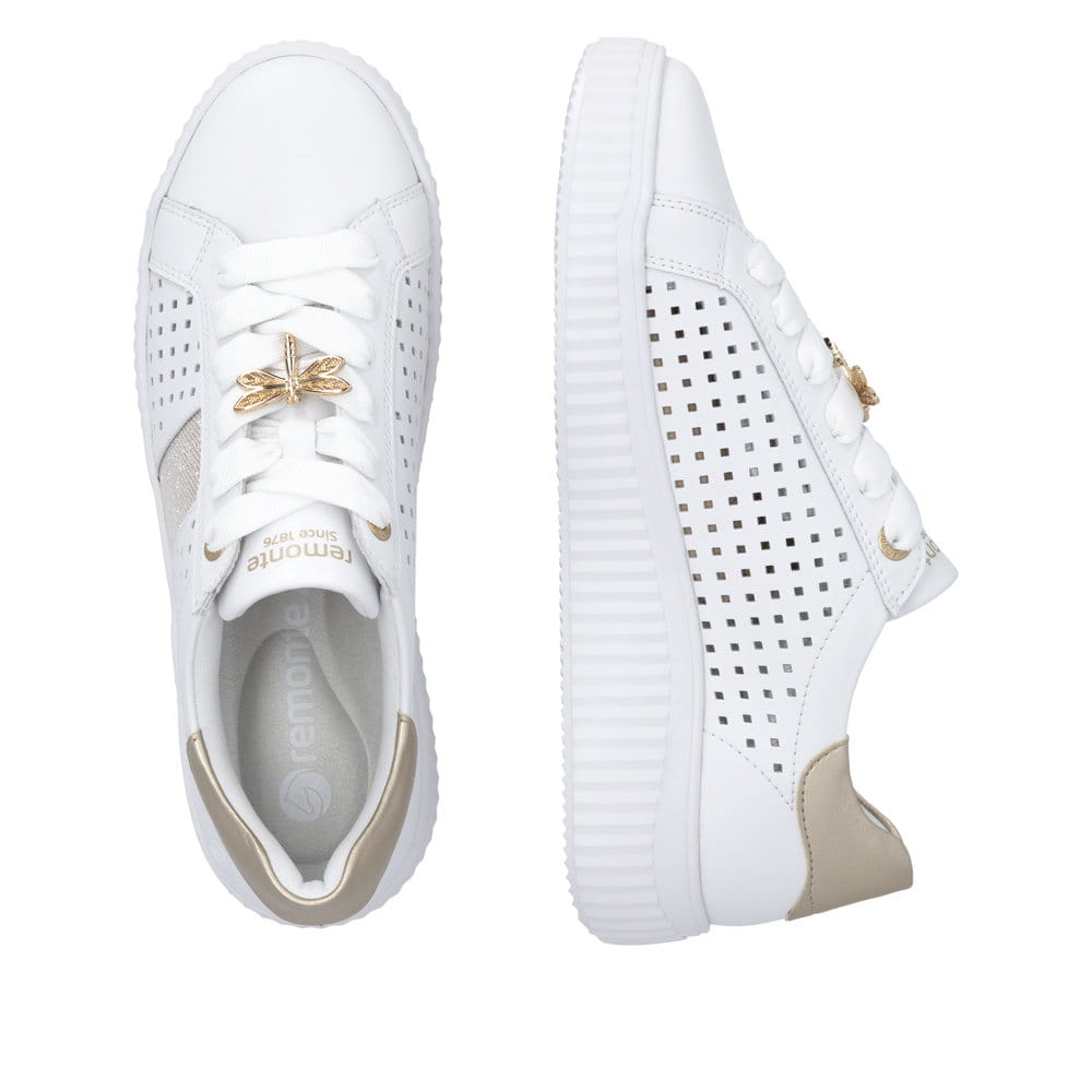 Weißbeige remonte Damen Schnürschuhe D3E04-80 mit dekorativem Schmuckdetail. Schuh von oben, liegend.