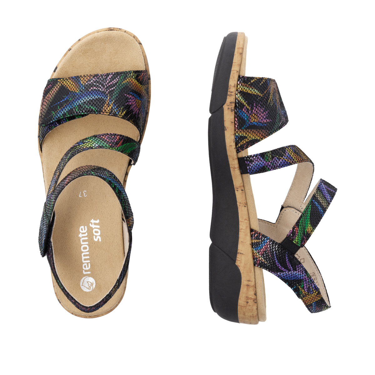 Mehrfarbige remonte Riemchensandalen R6860-91 mit einem Klettverschluss. Schuh von oben, liegend.