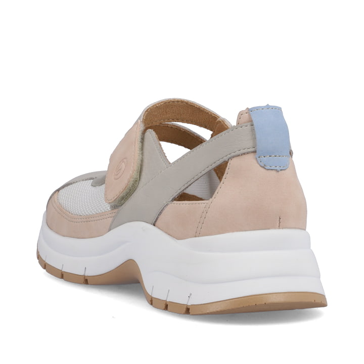 Graue remonte Ballerinas D0G08-40 mit einem Klettverschluss sowie Extraweite H. Schuh von hinten.