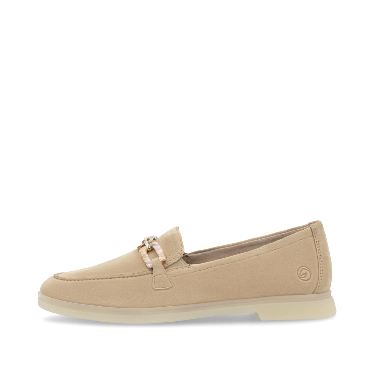 Beige remonte Damen Loafer D2F00-62 mit Gummizug sowie gepolsterter Einlegesohle. Schuh Außenseite.