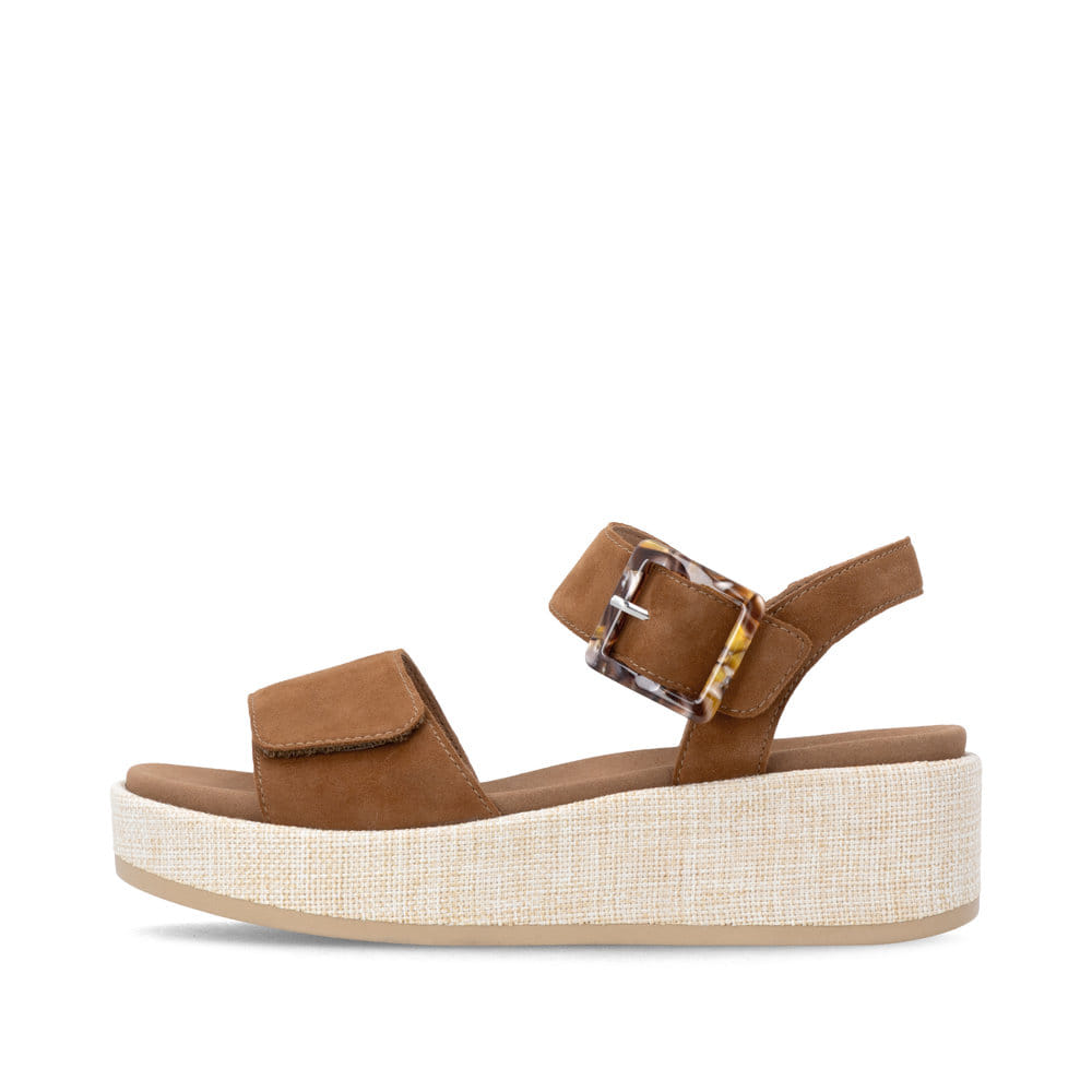 Sandales compensées remonte marron femme D1N54-22 avec fermeture velcro. Côté extérieur de la chaussure.