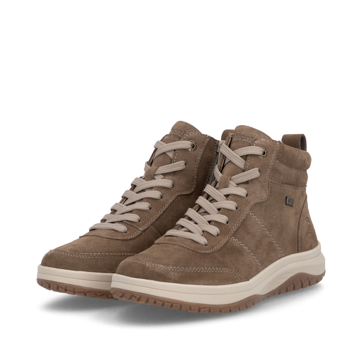 Braune remonte Damen Schnürstiefel D3Q70-26 mit wasserabweisender TEX-Membran. Schuhpaar seitlich schräg.