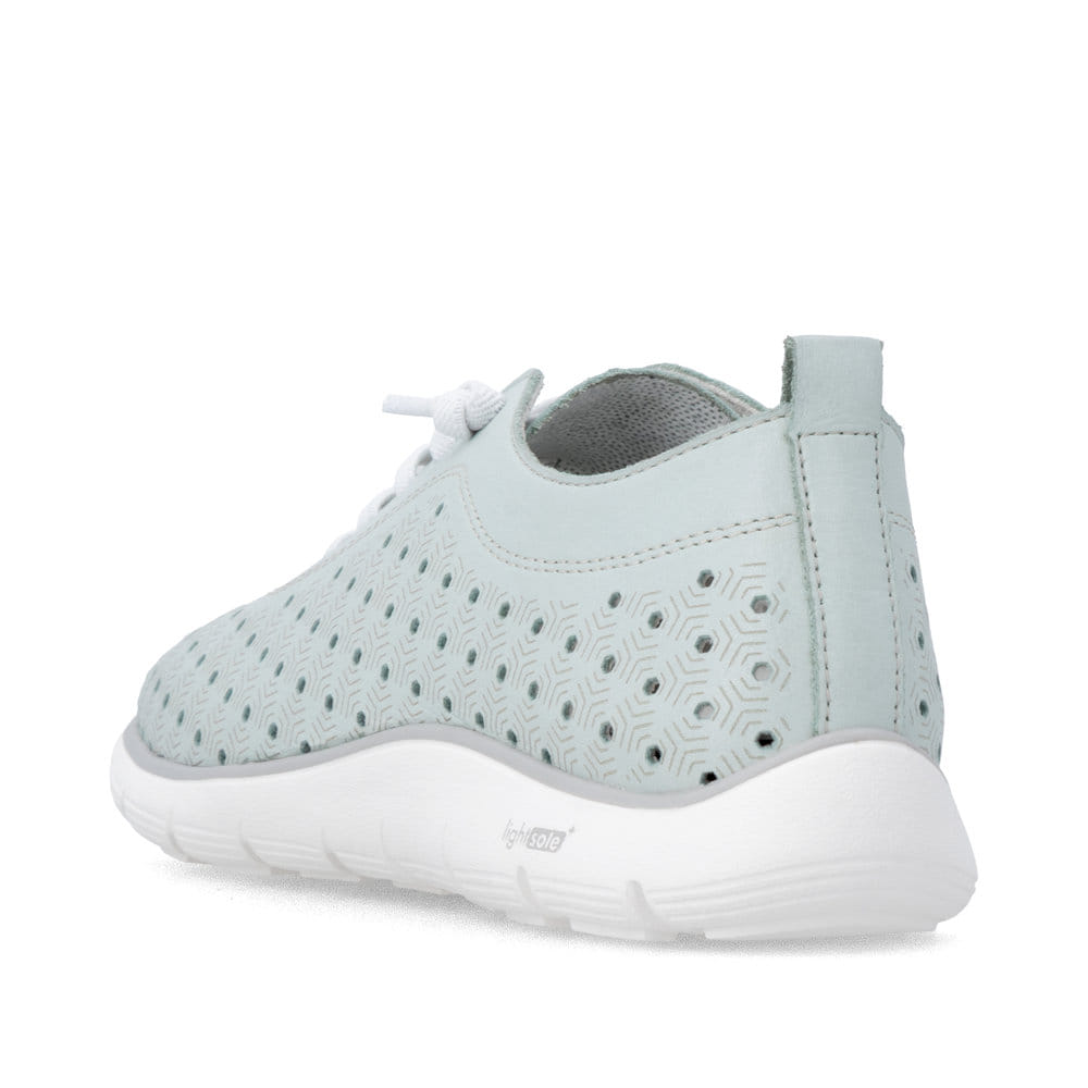 Grüne remonte Damen Slipper D3G03-52 mit eleganten Zierlochungen sowie Gummizug. Schuh von hinten.