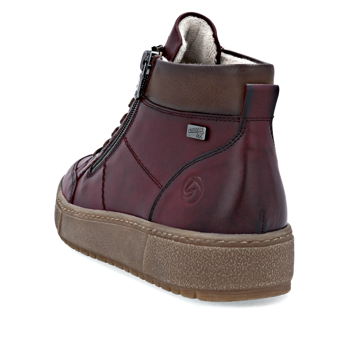 Rote remonte Damen Kurzstiefel D2T70-35 mit wasserabweisender remonteTEX-Membran. Schuh von hinten.