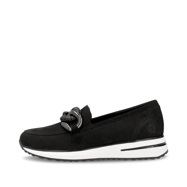 Schwarze remonte Damen Loafer D1G11-02 mit einem Gummizug. Schuh Außenseite.
