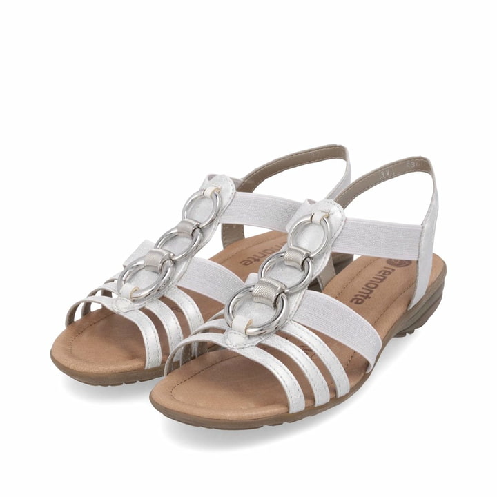 Weiße remonte Riemchensandalen R3605-80 mit Gummizug sowie einer griffigen Sohle. Schuhpaar seitlich schräg.