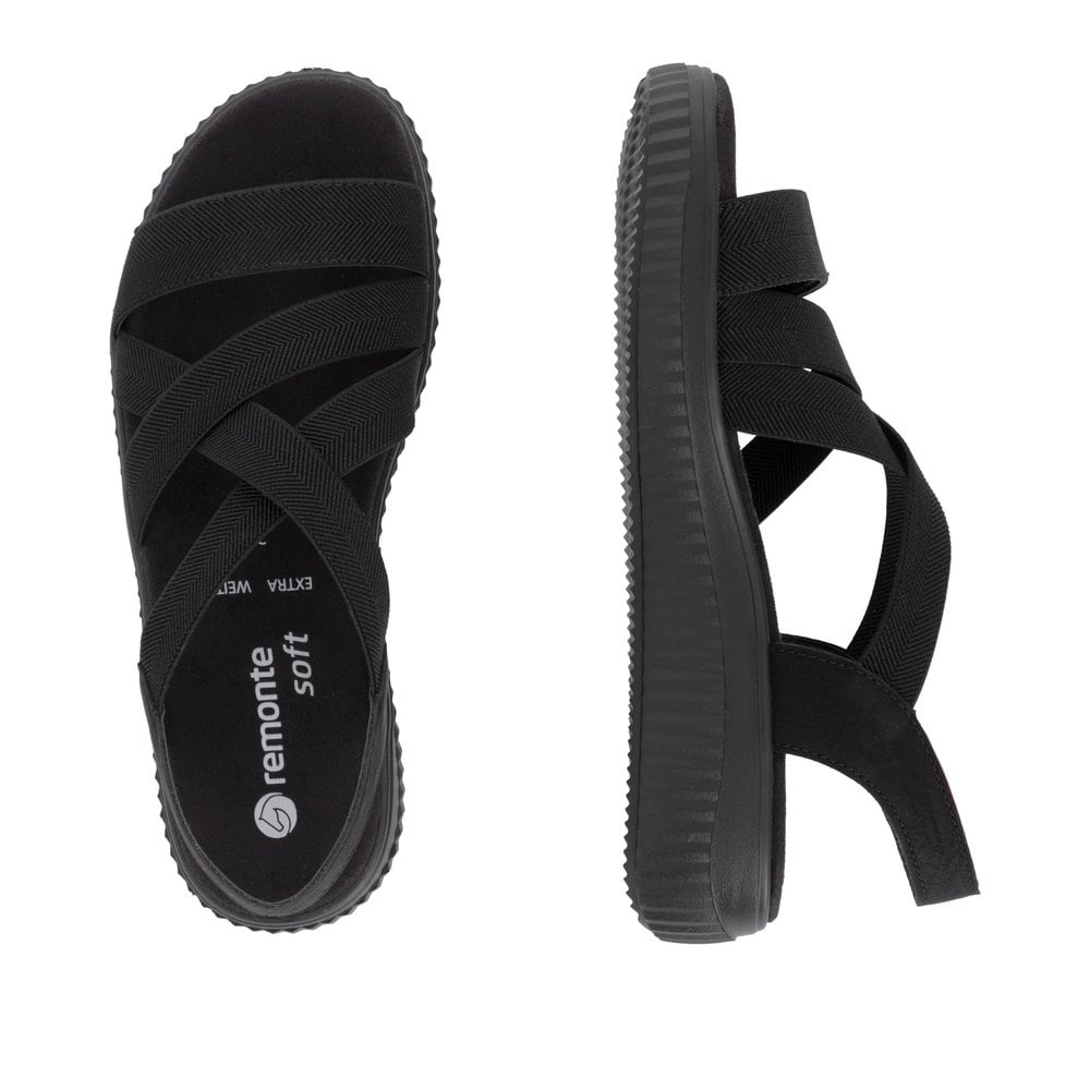 Schwarze remonte Riemchensandalen D3L52-00 mit einem Gummizug sowie Extraweite H. Schuh von oben, liegend.