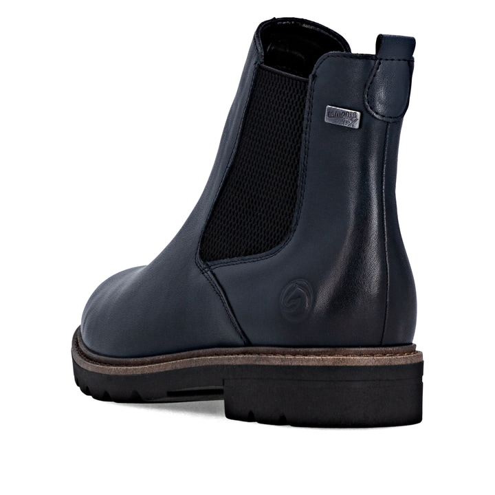 Blaue remonte Chelsea Boots D2Q70-14 mit wasserabweisender remonteTEX-Membran. Schuh von hinten.