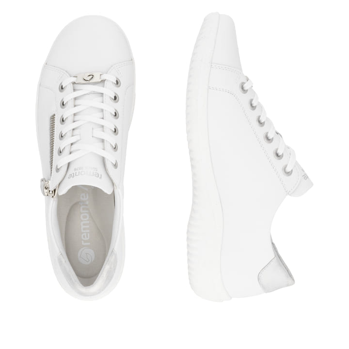 Weiße remonte Damen Schnürschuhe D1E03-80 mit einem Reißverschluss. Schuh von oben, liegend.