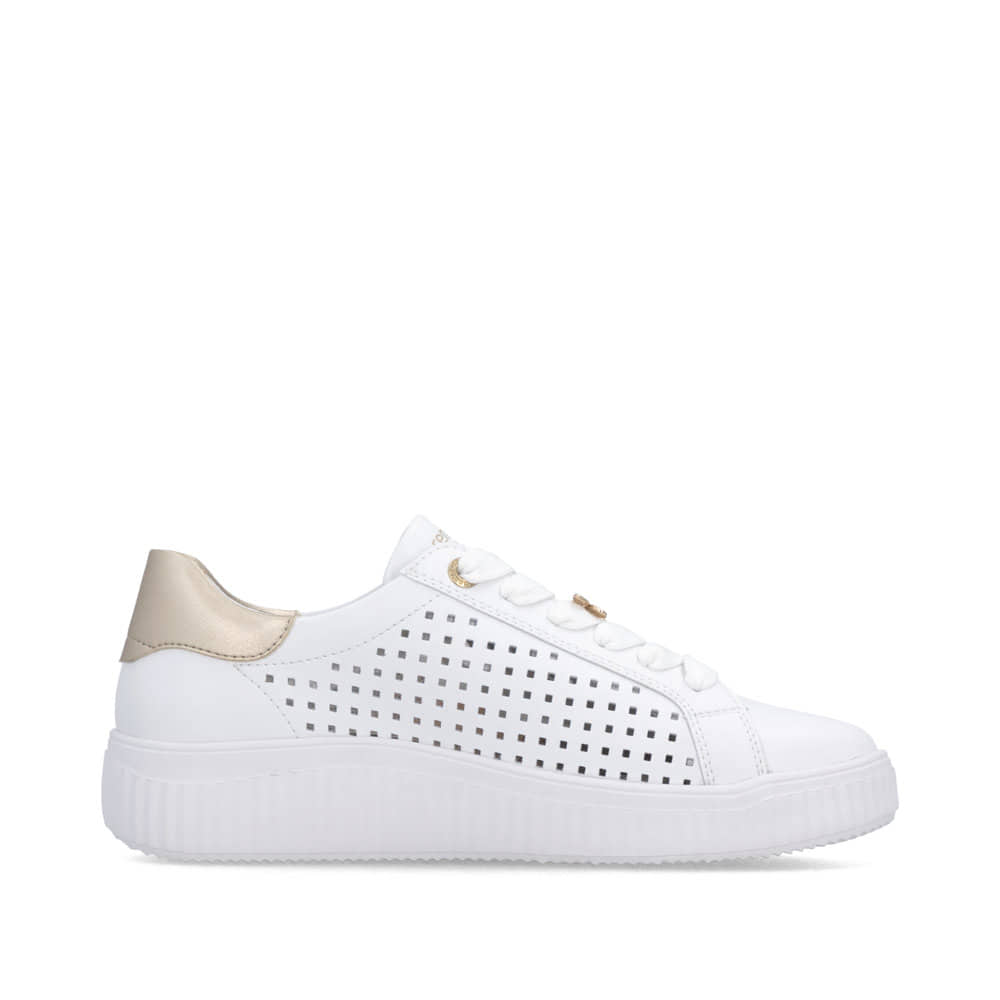 Weißbeige remonte Damen Schnürschuhe D3E04-80 mit dekorativem Schmuckdetail. Schuh Innenseite.