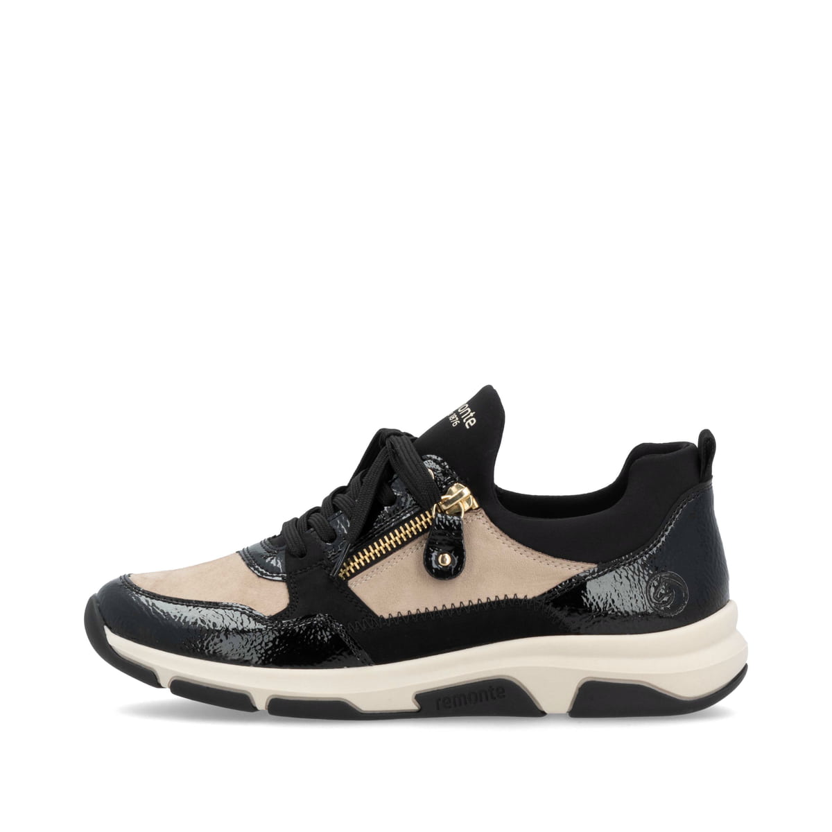 Tiefschwarze vegane remonte Damen Slipper D1S02-04 mit elastischem Schaftrand. Schuh Außenseite.