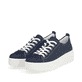 Blaue remonte Damen Sneaker D1C03-14 mit Schnürung sowie Ziernähten. Schuhpaar seitlich schräg.