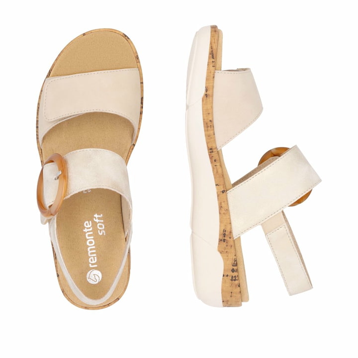 Beige remonte Riemchensandalen R6853-61 mit einem Klettverschluss. Schuh von oben, liegend.