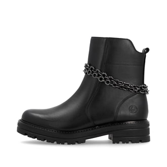 Nachtschwarze remonte Damen Kurzstiefel D2285-00 mit abnehmbarer Kette. Schuh Außenseite.