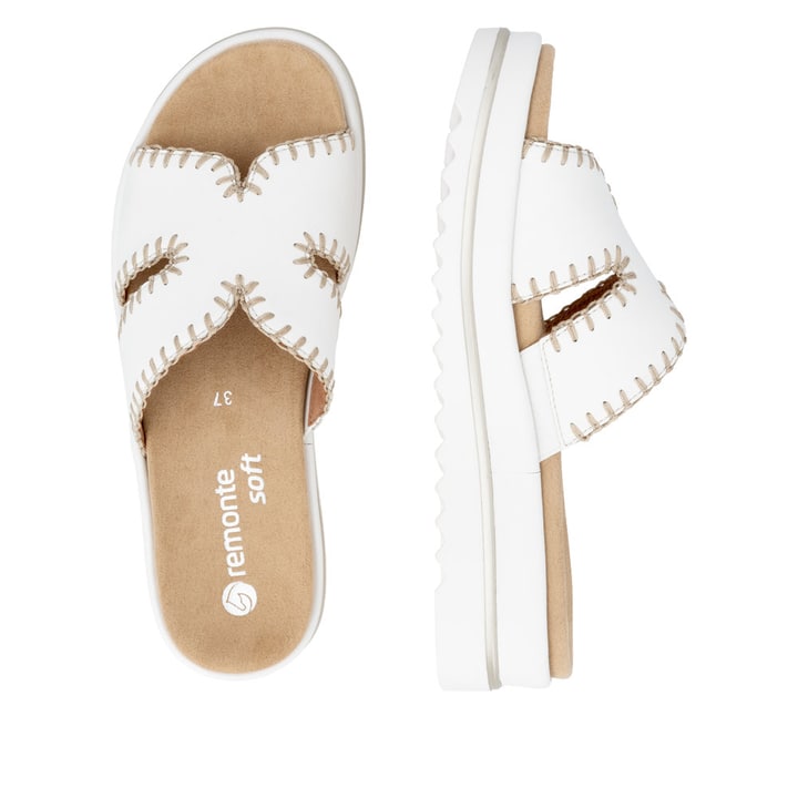 Weiße remonte Damen Pantoletten D3P51-80 mit handgestickten Nähten. Schuh von oben, liegend.