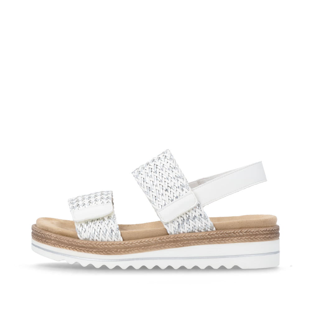 Silberne remonte Keilsandaletten D0Q63-91 mit einem Klettverschluss. Schuh Außenseite.