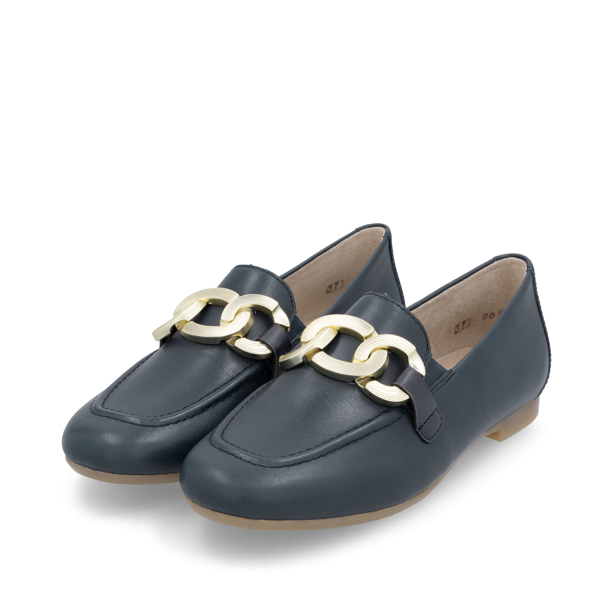 Blaue remonte Damen Loafer D0K09-14 mit Gummizug sowie gepolsterter Einlegesohle. Schuhpaar seitlich schräg.