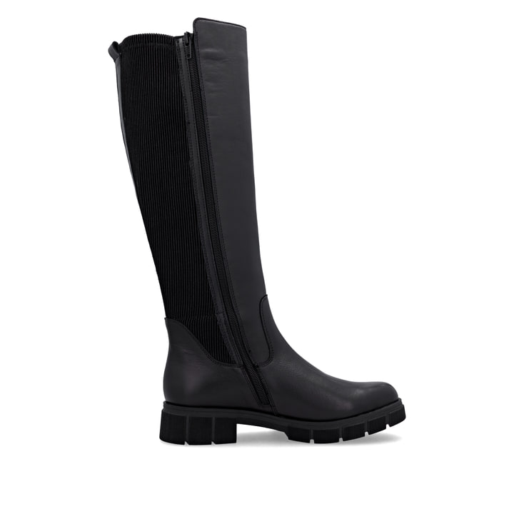Schwarze remonte Hochschaftstiefel D2S74-00 mit einem Reißverschluss. Schuh Innenseite.