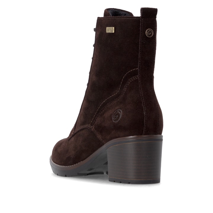 Dunkelbraune remonte Damen Schnürstiefel D2A80-25. Schuh von hinten.