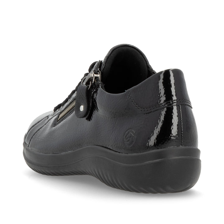 Schwarze remonte Damen Schnürschuhe D1E03-01 mit einem Reißverschluss. Schuh von hinten.
