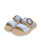 Blaue vegane remonte Damen Pantoletten D2N51-10 mit einem Klettverschluss. Schuhpaar seitlich schräg.