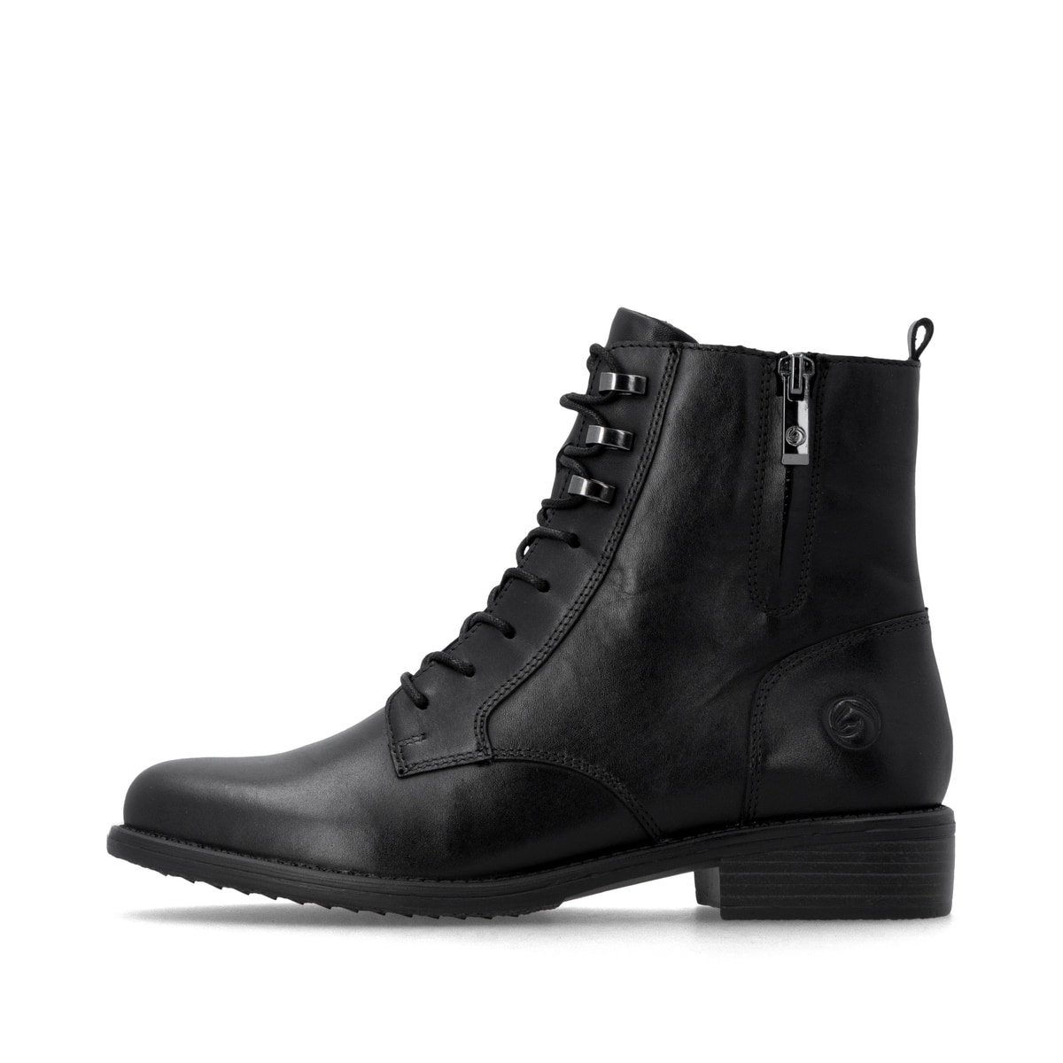 Schwarze remonte Damen Stiefeletten D0F82-00 mit einem Reißverschluss. Schuh Außenseite.