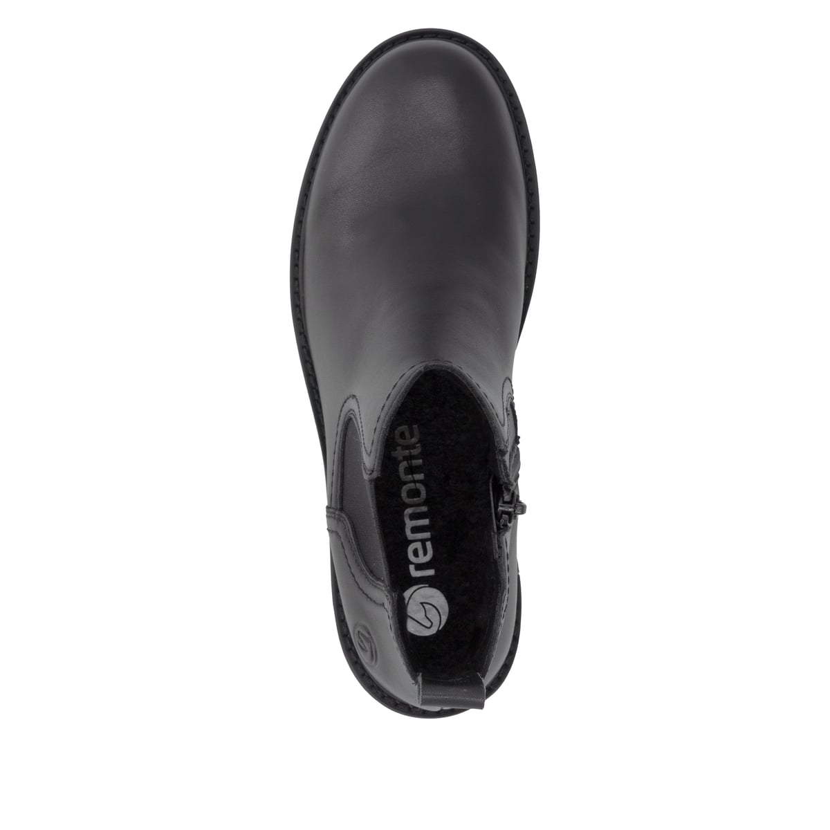 Schwarze remonte Chelsea Boots D0A70-00 mit Reißverschluss sowie Komfortweite G. Schuh von oben.