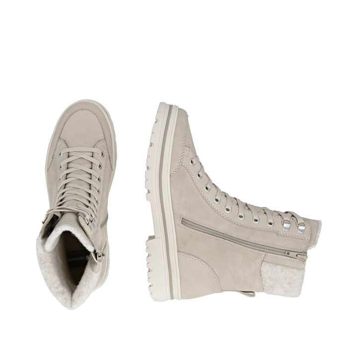 Beige remonte Damen Schnürstiefel D2U70-62 mit griffiger Glass-Fibre Sohle. Schuh von oben, liegend.