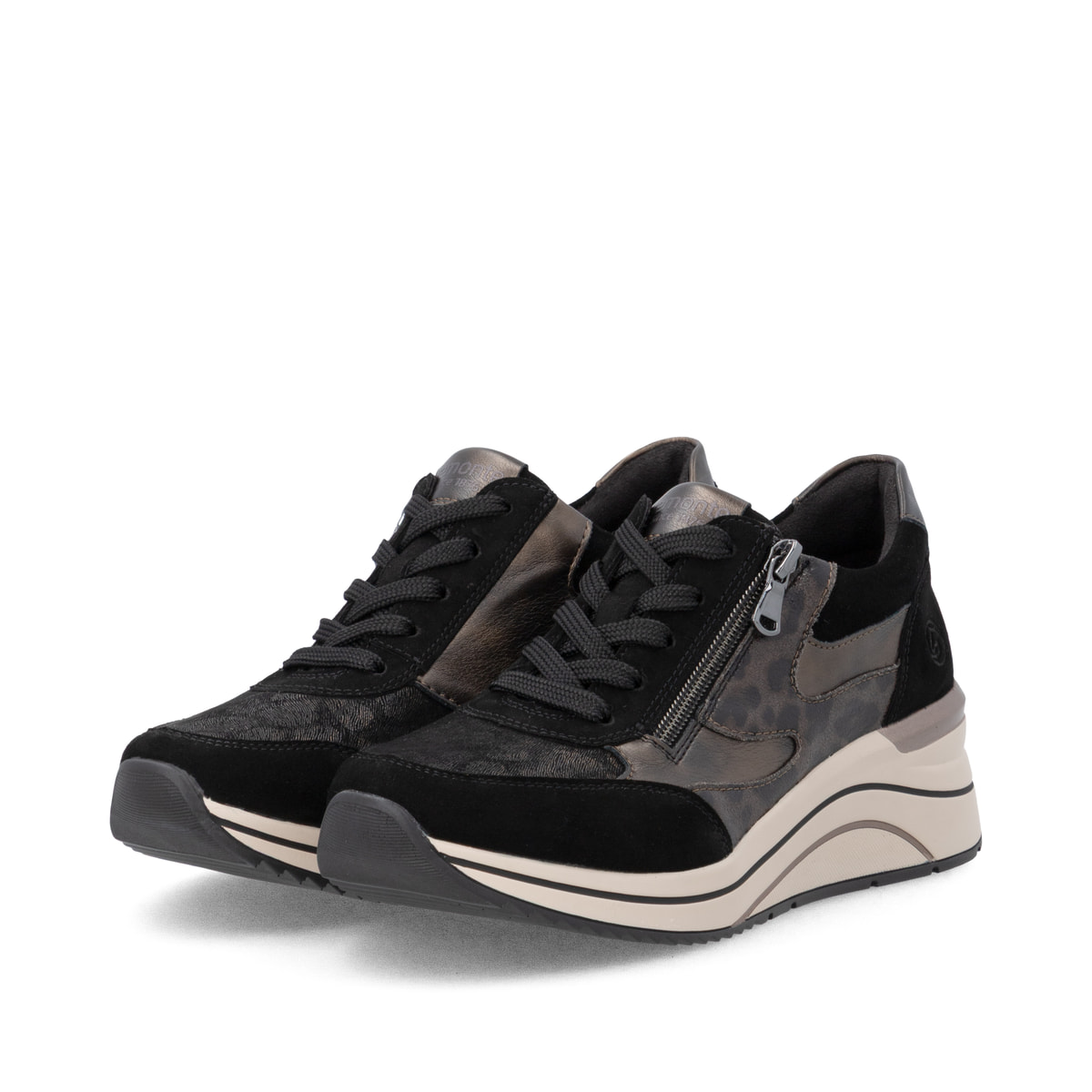 Schwarz-bronzene remonte Damen Schnürschuhe D0T23-03 mit einem Reißverschluss. Schuhpaar seitlich schräg.