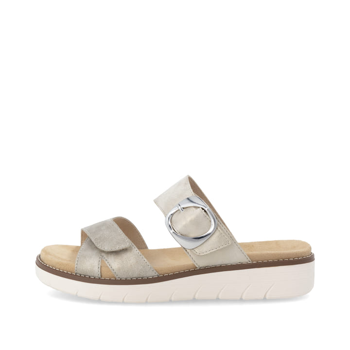 Metallische vegane remonte Damen Pantoletten D2048-91 mit einem Klettverschluss. Schuh Außenseite.