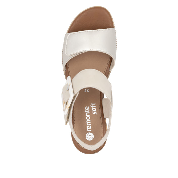 Beige remonte Keilsandaletten D2L53-60 mit einem Klettverschluss. Schuh von oben.
