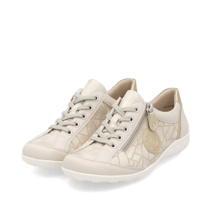 Goldene vegane remonte Damen Schnürschuhe R3408-91 mit einem Reißverschluss. Schuhpaar seitlich schräg.