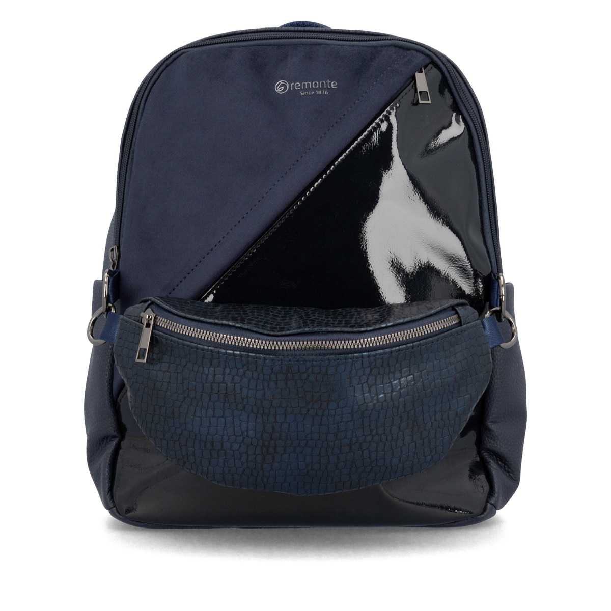 Sac à dos remonte Q0533-14 en bleu avec une poignée pour l'attacher à la poignée de valise et un sac banane amovible. Face avant.