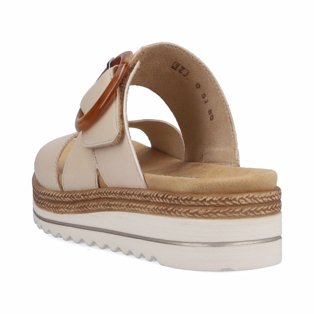 Beige remonte Damen Pantoletten D0Q51-80 mit einem Klettverschluss. Schuh von hinten.