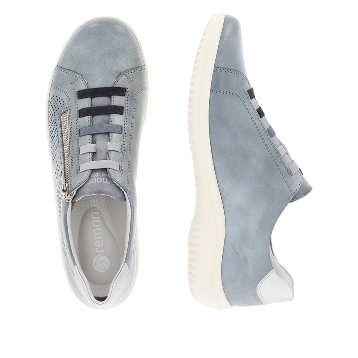 Blaue remonte Damen Schnürschuhe D1E02-14 mit einem Reißverschluss. Schuh von oben, liegend.