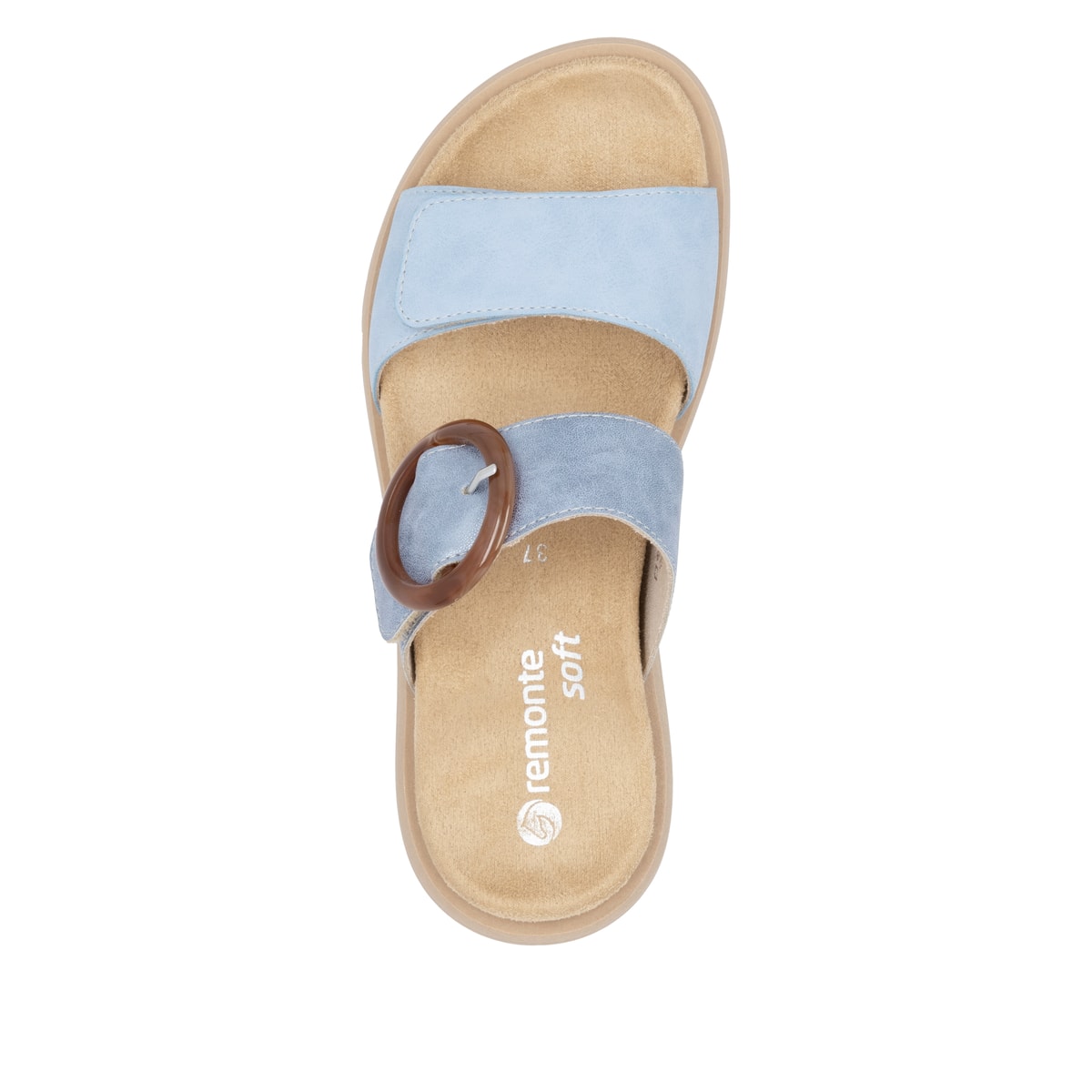 Blaue vegane remonte Damen Pantoletten D2N51-10 mit einem Klettverschluss. Schuh von oben.