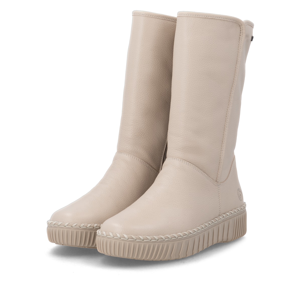 Beige remonte Hochschaftstiefel D4A71-60 mit wasserabweisender TEX-Membran. Schuhpaar seitlich schräg.