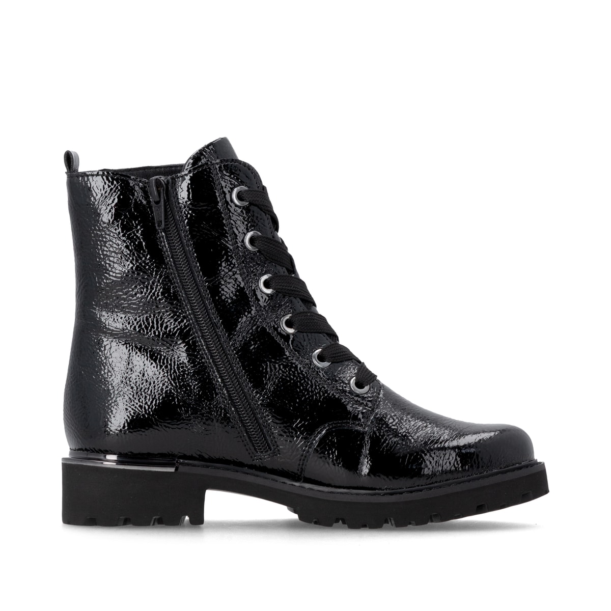 Vegane, schwarze remonte Damen Schnürstiefel D8683-03 mit einem Reißverschluss. Schuh Innenseite.