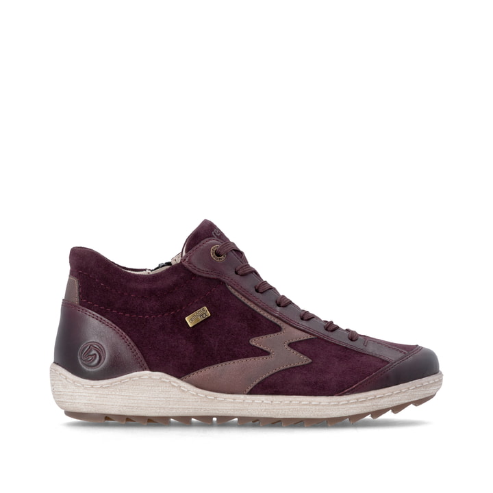 Weinrote remonte Damen Schnürstiefel R1454-35 mit wasserabweisender TEX-Membran. Schuh Außenseite gespiegelt.