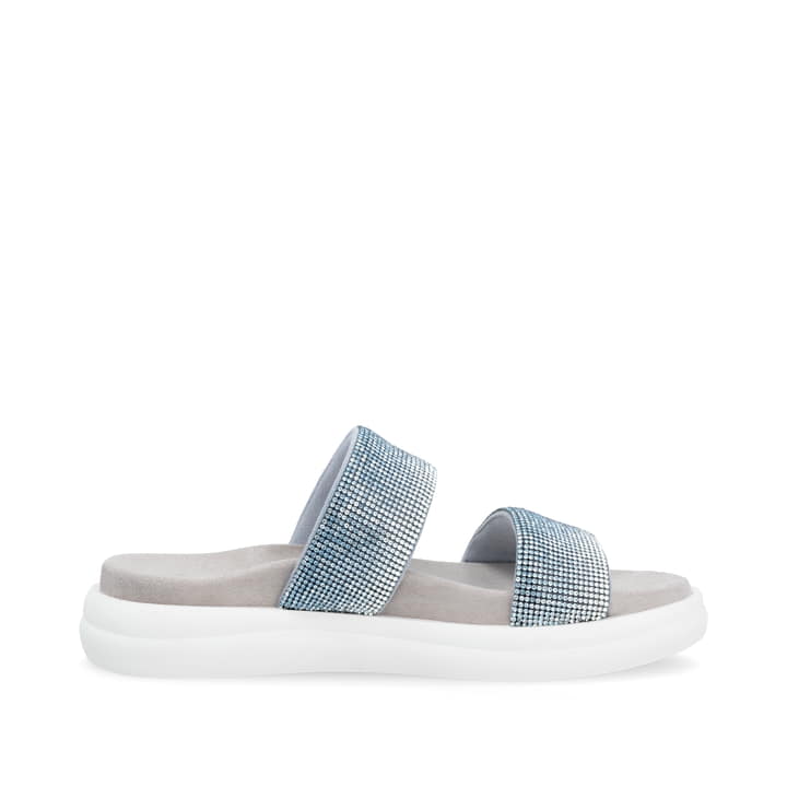 Blaue vegane remonte Damen Pantoletten D2N50-14 mit einem weichen Fußbett. Schuh Innenseite.