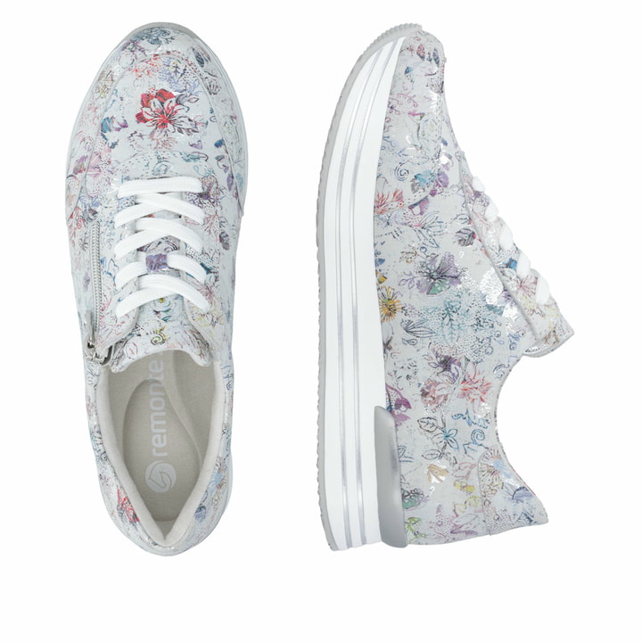 Mehrfarbige remonte Damen Sneaker Low D1326-90 mit floralem Muster. Schuh von oben, liegend.