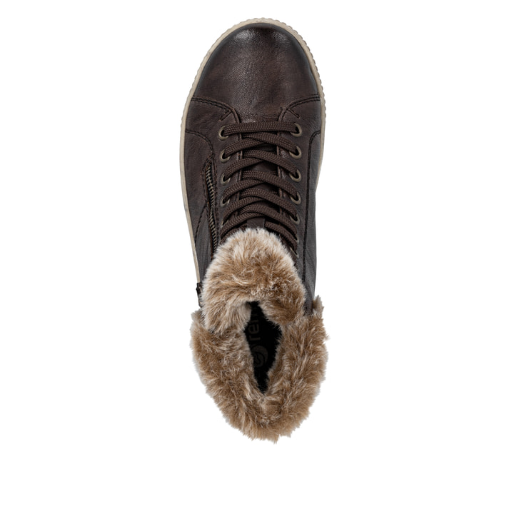 Dunkelbraune remonte Damen Schnürstiefel D0780-25. Schuh von oben.
