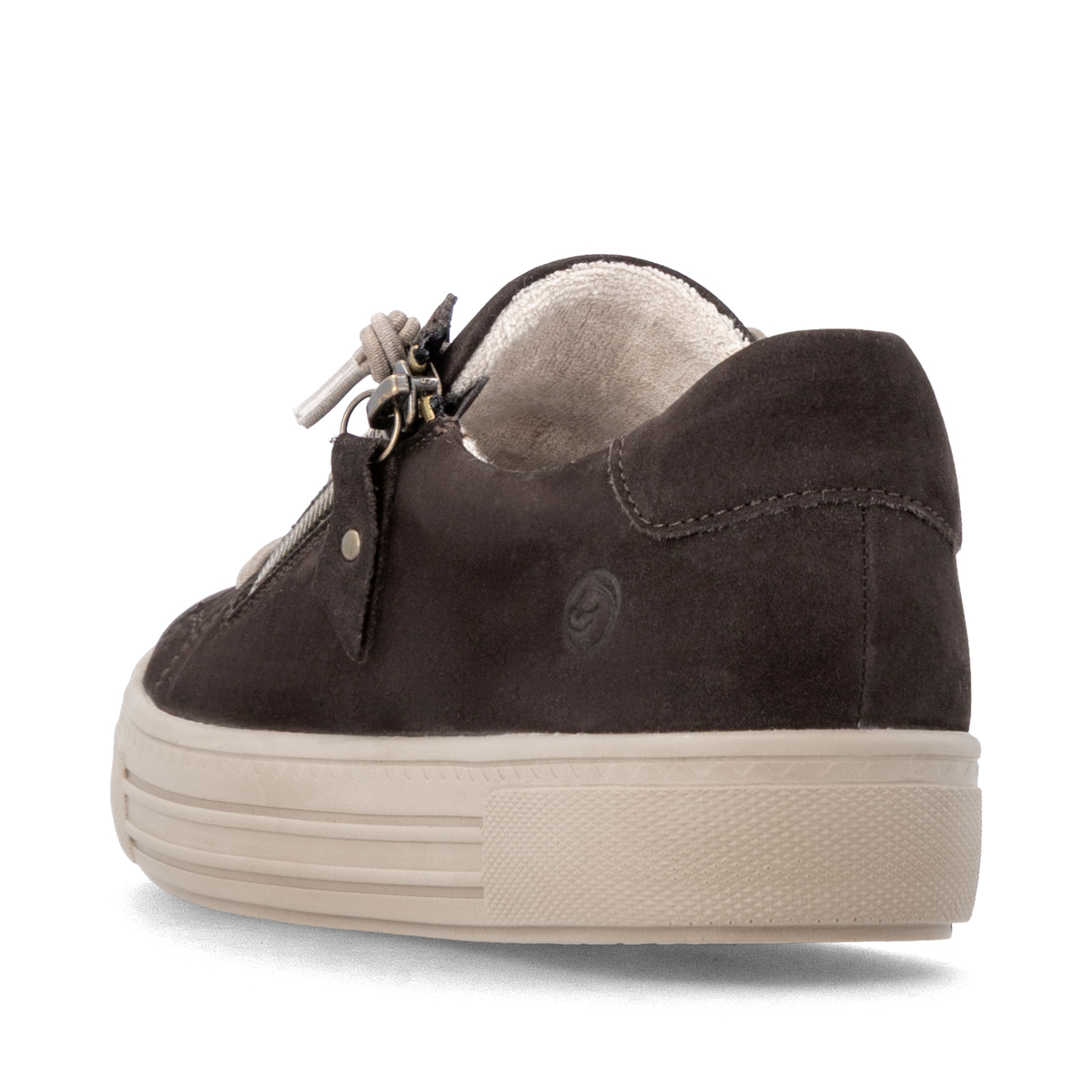 Baskets basses remonte marron pour femmes D0920-25 avec fermeture éclair. Chaussure vue de l'arrière.