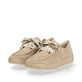 Beige remonte Damen Slipper D1F01-60 mit einer Schnürung. Schuhpaar seitlich schräg.