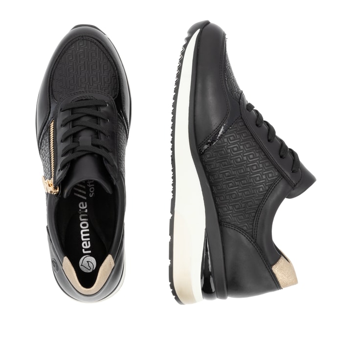 Schwarze remonte Damen Sneaker D2417-03 mit Reißverschluss sowie Komfortweite G. Schuh von oben, liegend.