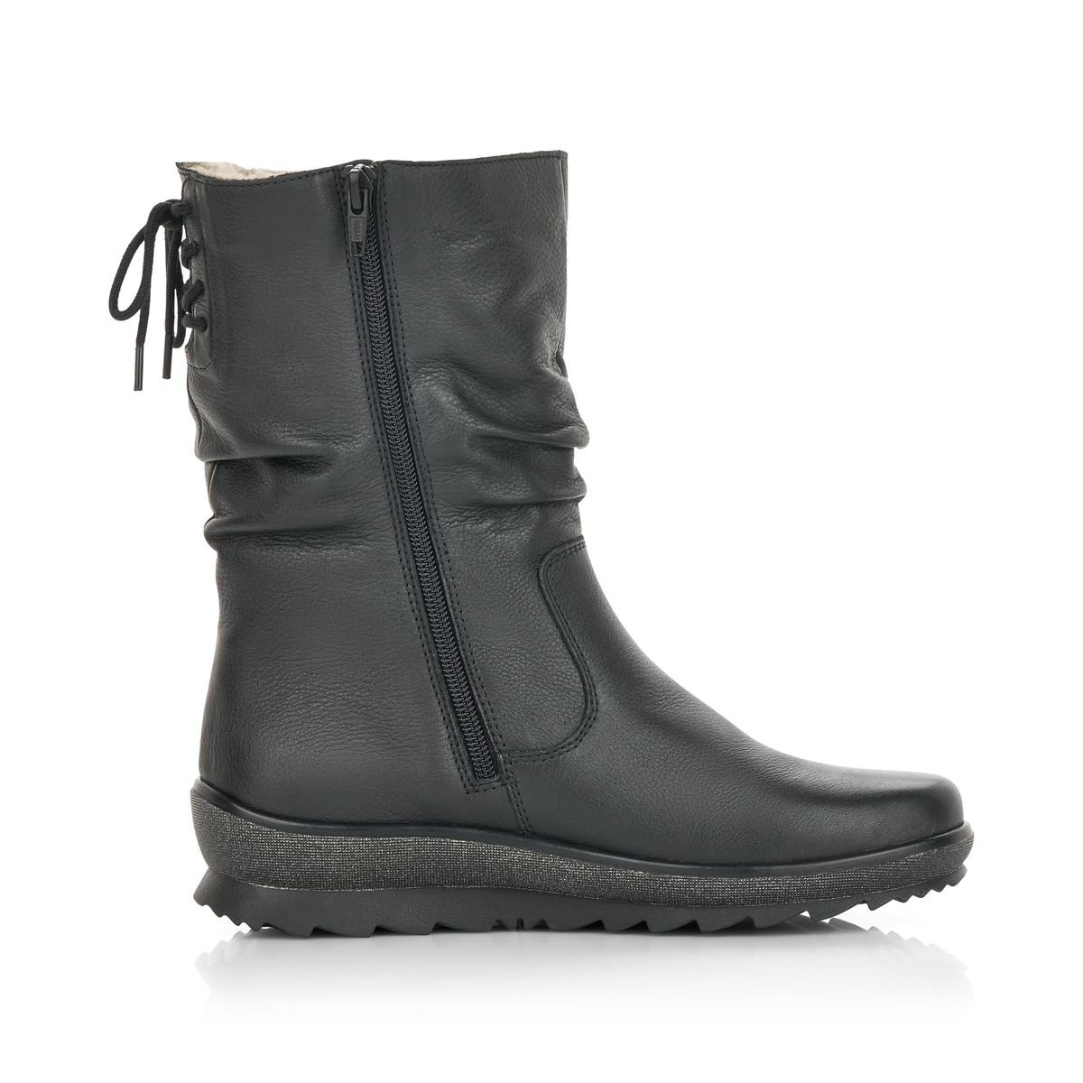 Tiefschwarze remonte Damen Kurzstiefel R8471-01 mit einer flexiblen Profilsohle. Schuh Innenseite