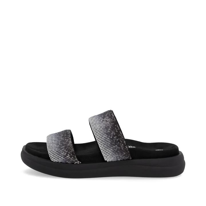 Schwarze vegane remonte Damen Pantoletten D2N50-03 mit einem weichen Fußbett. Schuh Außenseite.